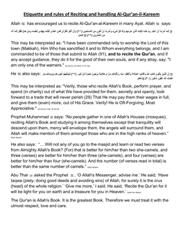 Etiquette and Rules of Reciting and Handling Al-Qur'an-Il-Kareem