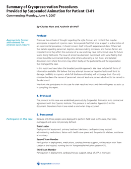 Summary of Cryopreservation Procedures Provided by Suspended Animation for Patient CI-81 Commencing Monday, June 4, 2007