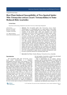 Host Plant-Induced Susceptibility of Two-Spotted Spider Mite Tetranychus Urticae (Acari: Tetranychidae) to Some Reduced-Risk Acaricides