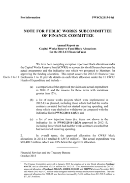 Note for Public Works Subcommittee of Finance Committee