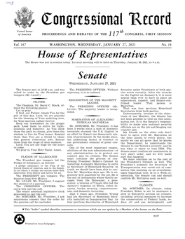 Congressional Record United States Th of America PROCEEDINGS and DEBATES of the 117 CONGRESS, FIRST SESSION