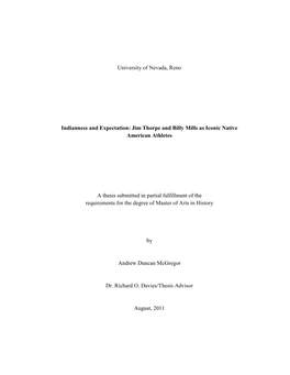 University of Nevada, Reno Indianness and Expectation: Jim Thorpe and Billy Mills As Iconic Native American Athletes a Thesis Su