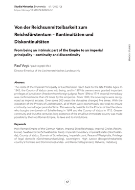 Von Der Reichsunmittelbarkeit Zum Reichsfürstentum – Kontinuitäten Und Diskontinuitäten