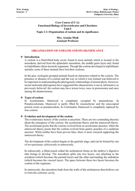 Functional Biology of Invertebrates and Chordates Unit-I Topic 1.1: Organization of Coelom and Its Significance