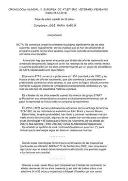 Cronología Mundial Y Europea De Atletismo Veterano MUJERES a Partir De F-35