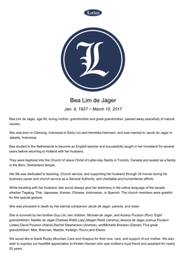 Bea Lim De Jager Jan