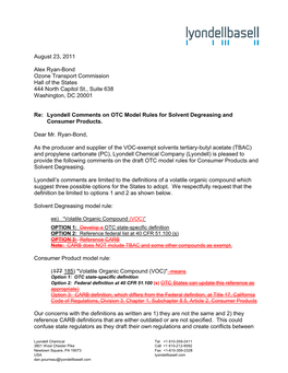 Lyondell Comments on OTC Model Rules for Solvent Degreasing and Consumer Products