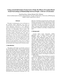 Using a Social Informatics Framework to Study the Effects of Location-Based Social Networking on Relationships Between People: a Review of Literature