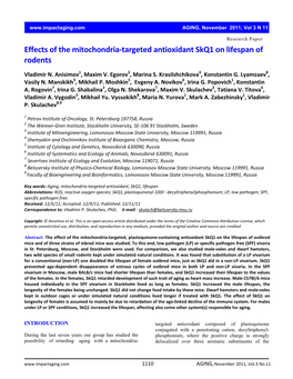 Effects of the Mitochondria-Targeted Antioxidant Skq1 on Lifespan Of