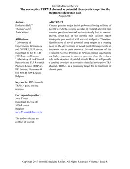 The Nociceptive TRPM3 Channel As Potential Therapeutic Target for the Treatment of Chronic Pain August 2017