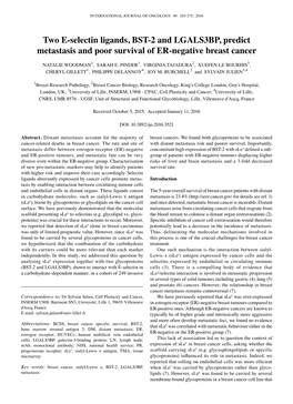 Two E-Selectin Ligands, BST-2 and LGALS3BP, Predict Metastasis and Poor Survival of ER-Negative Breast Cancer