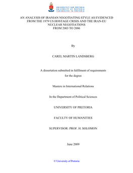 An Analysis of Iranian Negotiating Style As Evidenced from the 1979 Us Hostage Crisis and the Iran-Eu Nuclear Negotiations from 2003 to 2006