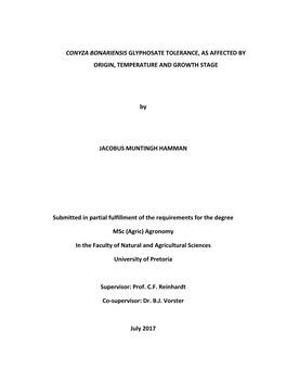 Conyza Bonariensis Glyphosate Tolerance, As Affected by Origin, Temperature and Growth Stage