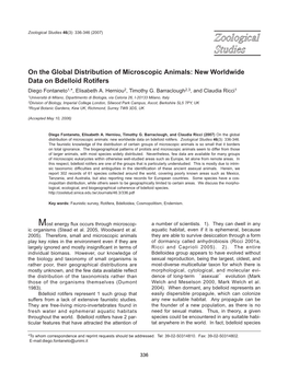 On the Global Distribution of Microscopic Animals: New Worldwide Data on Bdelloid Rotifers Diego Fontaneto1,*, Elisabeth A