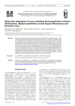 Molecular Phylogeny of Cave Dwelling <I