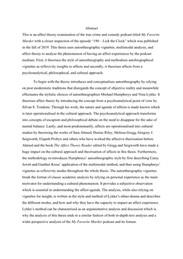 Abstract This Is an Affect Theory Examination of the True Crime and Comedy Podcast Titled My Favorite Murder with a Closer Inspe