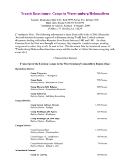 Transit Resettlement Camps in Wuerttemberg/Hohenzollern