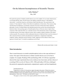 On the Inherent Incompleteness of Scientific Theories Jolly Mathen†‡ May, 2005*