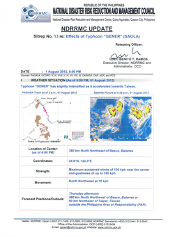NDRRMC Update Sit Rep 13 Effects of TY Gener , 5PM 1AUGUST2012