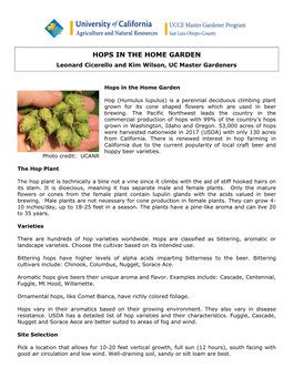 HOPS in the HOME GARDEN Leonard Cicerello and Kim Wilson, UC Master Gardeners