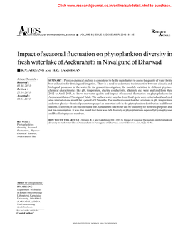 Impact of Seasonal Fluctuation on Phytoplankton Diversity in Fresh Water Lake of Arekurahatti in Navalgund of Dharwad