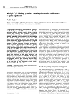 Methyl Cpg Binding Proteins: Coupling Chromatin Architecture to Gene Regulation