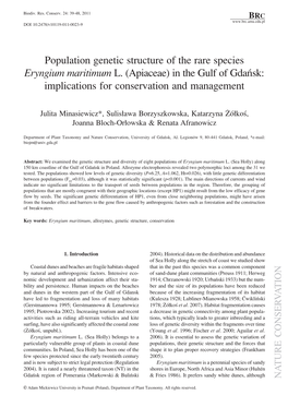 Population Genetic Structure of the Rare Species Eryngium Maritimum L. (Apiaceae) in the Gulf of Gdaòsk: Implications for Conservation and Management