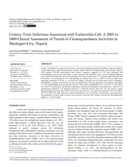 Urinary Tract Infections Associated with Escherichia Coli: a 2005 to 2009 Clinical Assessment of Trends in Fluoroquinolones Activities in Maiduguri-City, Nigeria