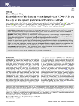 Essential Role of the Histone Lysine Demethylase KDM4A in the Biology of Malignant Pleural Mesothelioma (MPM)