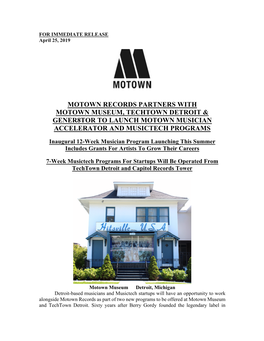 Motown Records Partners with Motown Museum, Techtown Detroit & Gener8tor to Launch Motown Musician Accelerator and Musictech Programs