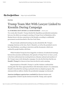 Trump Team Met with Lawyer Linked to Kremlin During Campaign - the New York Times