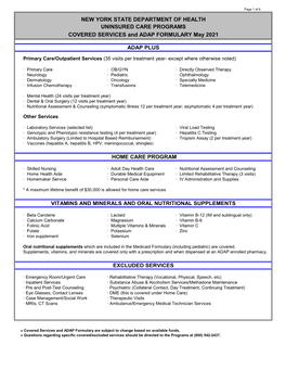 NYSDOH Uninsured Care Programs Covered Services and ADAP