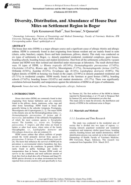 Diversity, Distribution, and Abundance of House Dust Mites on Settlement Region in Bogor Upik Kesumawati Hadi1*, Susi Soviana1, N Qamariah1