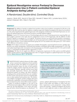 Epidural Neostigmine Versus Fentanyl to Decrease Bupivacaine Use in Patient-Controlled Epidural Analgesia During Labor a Randomized, Double-Blind, Controlled Study