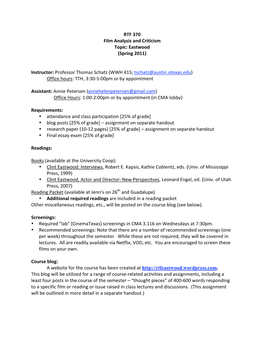 Professor Thomas Schatz (WWH 415; Tschatz@Austin.Utexas.Edu) Office Hours: TTH, 3:30‐5:00Pm Or by Appointment