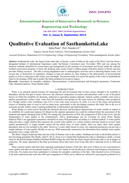 Qualitative Evaluation of Sasthamkottalake Salin Peter1, Prof