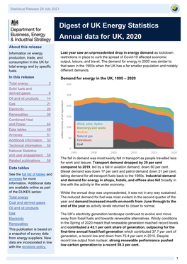 DUKES Series: Whilst the Annual Drop Was Unprecedented, It Was Not in Any Way Sustained