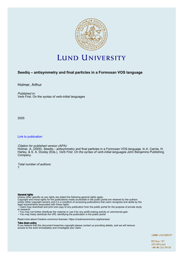 Seediq – Antisymmetry and Final Particles in a Formosan VOS Language