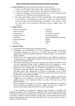 Status of Dwarkeswar Gandheswari Reservoir Project, West Bengal A