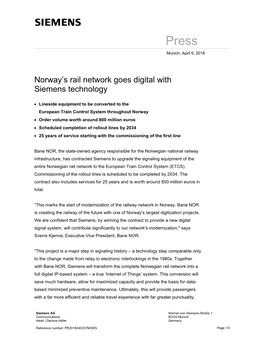 Norway's Rail Network Goes Digital with Siemens Technology