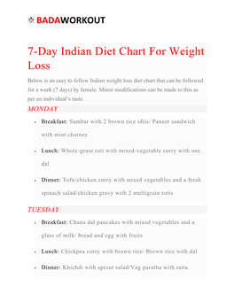 7-Day Indian Diet Chart for Weight Loss