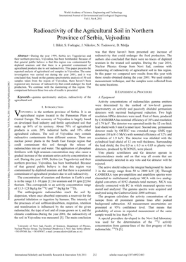 Radioactivity of the Agricultural Soil in Northern Province of Serbia, Vojvodina I