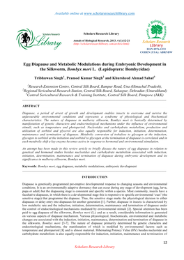 Egg Diapause and Metabolic Modulations During Embryonic Development in the Silkworm, Bombyx Mori L