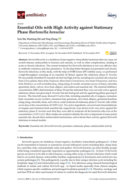 Essential Oils with High Activity Against Stationary Phase Bartonella Henselae