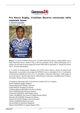 Pro Recco Rugby, Cristhian Becerra Convocato Nella Nazionale Seven Di Gabriele Ingraffia 07 Giugno 2013 – 10:09