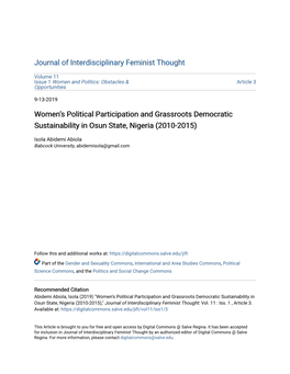 Women's Political Participation and Grassroots Democratic Sustainability in Osun State, Nigeria from 1999 to 2015.This Study Adopted Survey Research Design