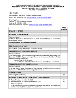 The Corporation of the Township of Wellington North Agenda of Regular Council Meeting – December 14, 2020 at 7:00 P.M