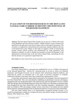 Evaluation of Tourism Resources in the Iron Gates Natural Park in Order to Identify the Potential of Tourism Development