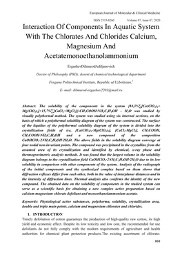 Interaction of Components in Aquatic System with the Chlorates and Chlorides Calcium, Magnesium and Acetatemonoethanolammonium