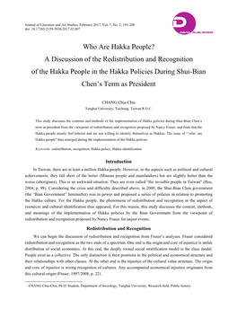 Who Are Hakka People? a Discussion of the Redistribution and Recognition of the Hakka People in the Hakka Policies During Shui-Bian Chen’S Term As President